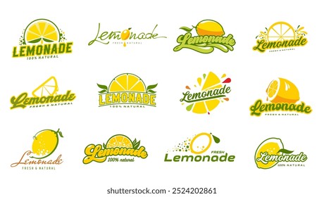 Conjunto de iconos de bebida de limonada, etiquetas de Vector de jugo de fruta de limón con cítricos amarillos frescos, rebanadas jugosas y salpicaduras. Bebida de limonada de limón o lima, jugo tropical y bebida gaseosa, gotas dulces, hojas