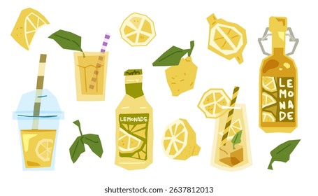 Lemonade Drink Illustration Set. Set of lemonade drinks, bottles, glasses, lemon slices, leaves and juicer. Flat cartoon style in fresh yellow and green tones, isolated on white background.