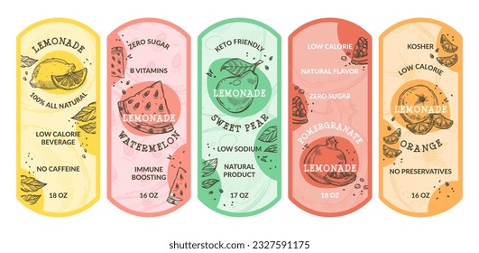 Lemonade drink label for package design set. Organic delicious beverage decorative emblem collection with handdrawn element, vector illustration. Template tag for juicy lemon product