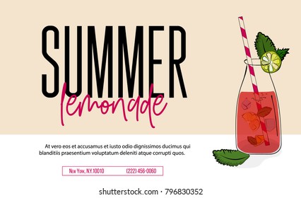 Lemonade drink of pink soda water advertising. Vector lemon and mint leaves in jar with strawberry fresh liquid on beige background. Modern summer poster. Flyer homemade vitamin water typography text.