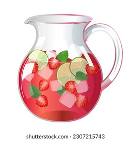 Lemonade drink with strawberry, mint, lime slice, ice in jug. Iced tea, cocktail. Summer fresh drink. Vector illustration