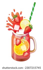 Lemonade drink with strawberry, orange, lemon slice, ice in jar. Iced tea, cocktail. Summer fresh drink. Vector illustration