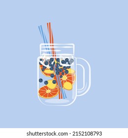 Lemonade in drinking can and slices of fresh fruit and berries