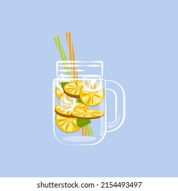 Lemonade in drinking can and slices of fresh fruit and berries. Soft drink isolated. Flat Art Vector Illustration.