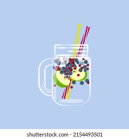 Lemonade in drinking can and slices of fresh fruit and berries. Soft drink isolated. Flat Art Vector Illustration.