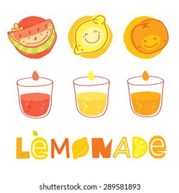 Lemonade elements set. Fruits, lettering and glassses with the drink. Vector modern illustration, stylish design element