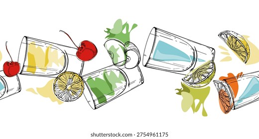 Lemonade, flavored drinks, fruit juice with citrus, cherry garnish. Rainbow cocktail band with crisp outline ink details. Vector seamless banner hand drawn for digital modules, menus, craft layouts.