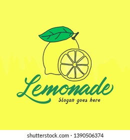 Lemonade Fresh Juice Lettering Vector Logo. Isolated yellow background