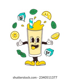 Lemonade glass character with melted ice cubes, mint leaves in comic cartoon style on transparent background. Hand drawing of funny mascot of cocktail in retro style. Isolated vector illustration