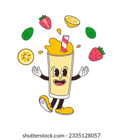 Lemonade glass character with strawberries and mint leaves in comic cartoon style on transparent background. Hand drawing of funny mascot of cocktail in retro style. Isolated vector illustration