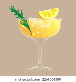 Lemonade glass, citrus cocktail, lemon. Slice of yellow orange, sprig of green rosemary, glass cup on high leg for bar, drinks or beverages, ice, color water, restaurant menu. Vector flat illustration