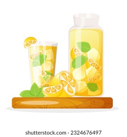 Lemonade in a glass cup and jar standing on cutting board decorated with mint and lemon.