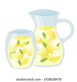 Lemonade in glass cup and pitcher cartoon icon. Lemon squash with mint leaves. Cold soft drink flavored, sweetened. Summer beverage. Vector lemonade illustration isolated on white background.