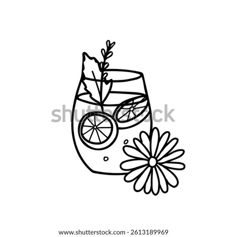 Lemonade Glass with Daisy Flower. Vector Summer Composition in doodle style. Refreshing drink with lemon, mint and rosemary. Gin Fizz cocktail.