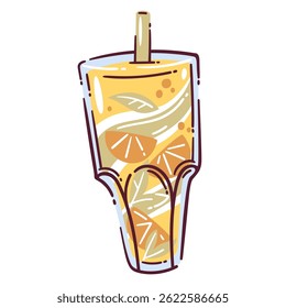 Garatuja de vidro de limonada, xícara alta preenchida com limonada amarela, fatias de citros, folhas de hortelã e palha. Ilustração de vetor de vidro limonada brilhante e fresca para projetos temáticos de verão ou tropicais.