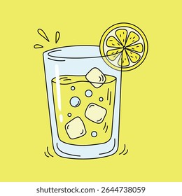 Lemonade. Glass of fresh juice  with slice of a lemon isolated on a yellow background. Refreshing summer drink with lemon, ice cubes, and bubbles. Hand-drawn beverage illustration in flat style