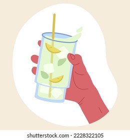 Vidrio de lamonada en mano, agua mineral con limón y hielo. Bebida refrescante fría, vidrio de retención de mano hembra de agua de manantial aislado ilustración vectorial plana sobre fondo blanco