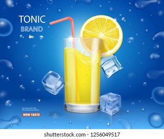 Lemonade glass with ice cubes and fresh lemon