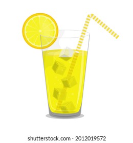 Lemonade in glass with ice cubes and straw. Vector illustration