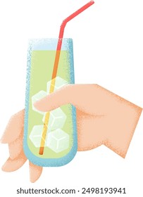 Lemonade glass with ice cubes and straw in human hand