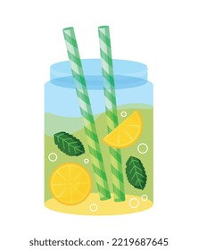 Lemonade in glass jar. Cocktail with mint and citrus, green tubules. Organic and natural product. Vitamins and Vegetarianism. Sticker for social media and messengers. Cartoon flat vector illustration