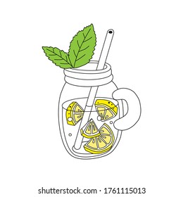Lemonade in a glass jar with a straw with lemon and ice.