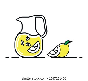 Lemonade glass and jug full of lemonade. Isolated vector illustration in simple line style.
