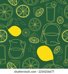  Lemonade glass and lemon outlines in green and yellow color. Citrus Fruit, Lemon, Lime, Lemon slice, Lemon half. Vector repeat pattern