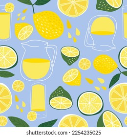 Lemonade glass and lemon seamless pattern on blue bacground. Citrus Fruit, Lemon, Lime, Lemon slice, Lemon half. Vector repeat pattern