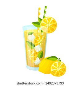 Lemonade glass and lemon. Vector illustration isolated on white background. Summer fruit drink with ice.