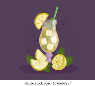 Lemonade in glass with lemons and mint leaves. Lemonade with a straw and ice. 