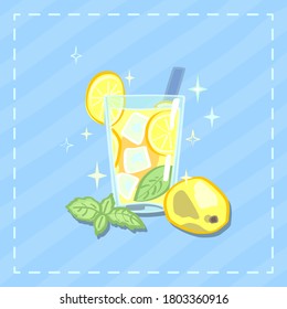Lemonada en vidrio con menta y fruta, ilustración vectorial