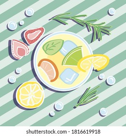 Lemonade in glass with mint and fruit, vector illustration