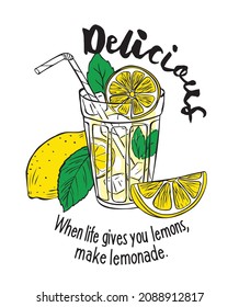 lemonade glass with mint leaf and lemon slices for textile print and other uses