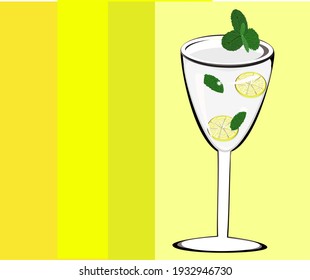 Lemonade Glass Mint Refreshing Yellow Background Vector illustration of summer drinks and herbs