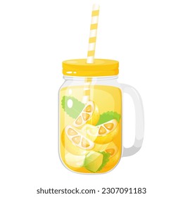 Lemonade in a glass mug with lid and straw. Refreshment summer drink.