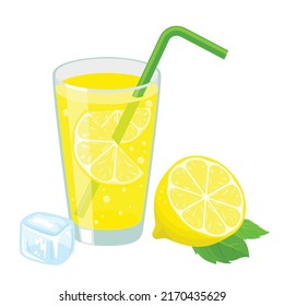 Lemonade in a glass with pieces of lemon and tube for drinking. Non-alcoholic cocktail. Vector illustration on white background. Summer chill drink.