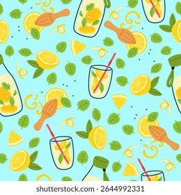 Lemonade glass seamless pattern. Lemon slices and mint leaves. Citron zest. Cocktail cup. Repeated print. Summer drink. Refreshing beverage. Citrus juice. Tropical fruit