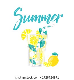 Lemonade in a glass with a slice of lemon isolated on a white background. Vector illustration, lettering Summer .