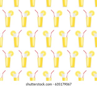 Lemonade in a glass with a slice of lemon and a straw. Bright summer seamless pattern. Vector illustration.