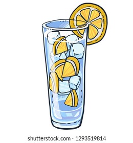 Lemonade glass with slice of lemons and ice cubes. Hand drawn vector illustration.