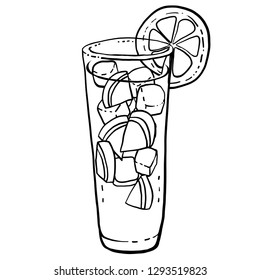 Lemonade glass with slice of lemons and ice cubes. Black and white hand drawn vector illustration.