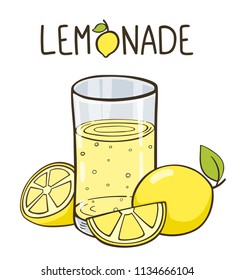 Lemonade glass with slice of lemons and lemon. Lemonade lettering. Lemonade logo.