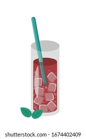 Lemonade in a glass with a straw, ice cubes, bubbles, mint leaves. Flat vector illustration.