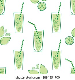 Lemonade glass and straw vector seamless pattern background. Retro green white backdrop with line art style drinks glasses, straws, citrus fruit, minty leaves. Mint drink beverage repeat for summer