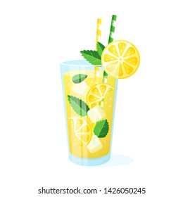 Lemonade in a glass. Vector illustration isolated on white background. Summer fruit drink with straws, lemon slices, ice cubes and mint leaves.