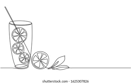 Lemonade Glass of water with lemon and mint. A refreshing citrus drink. Detox. Diet food. Continuous line drawing. Vector sketch