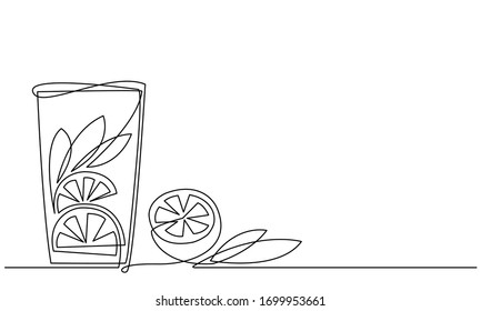 Lemonade Glass of water with lemon and mint. A refreshing citrus drink. Detox. Diet food. Continuous line drawing. Vector sketch.	