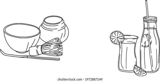 Lemonade glass of water with lemon. A refreshing citrus drink. Detox. Matcha set with cup of tea. Drinks for a healthy diet. Line drawing. Vector sketch. Healthy lifestyle.