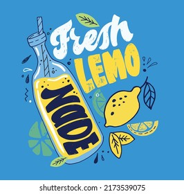 Lemonade hand drawn doodle lettering art. Lemon pattern background.